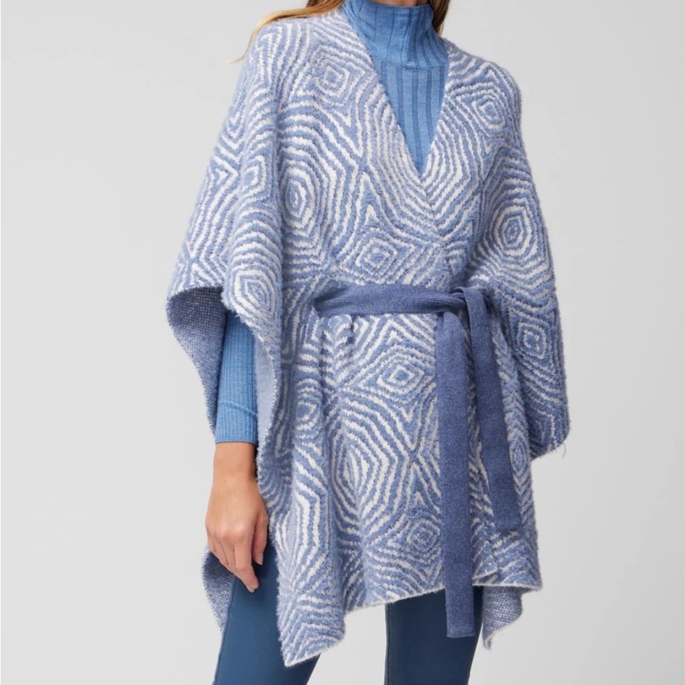 White House Black Market "Jacquard Belted Ruana" Poncho‎ Sweater Blue White OS